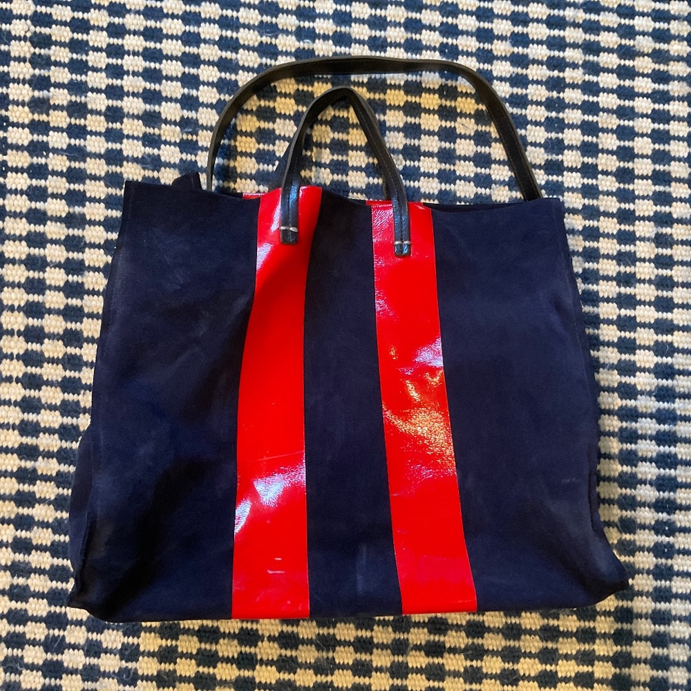 Clare V. Navy Suede & Red Stripe Tote Bag – Leather Handles, Chic Everyday Carry